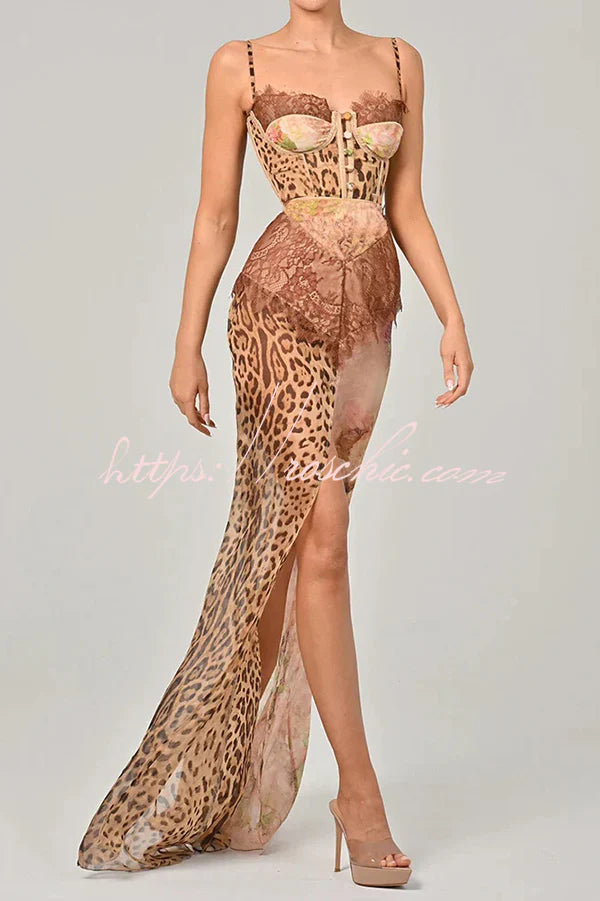 Chiffon Leopard Print Sexy Lace Splicing High Slit Slim Maxi Dress