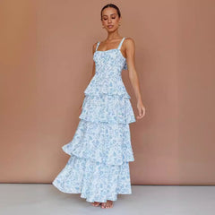 Lake Blue Printed Backless Maxi Dress – Elegant Vacation & Party Gown